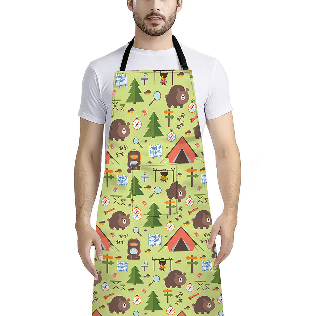 Cute Camping Pattern Print Bib Apron With Pocket