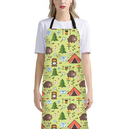 Cute Camping Pattern Print Bib Apron With Pocket