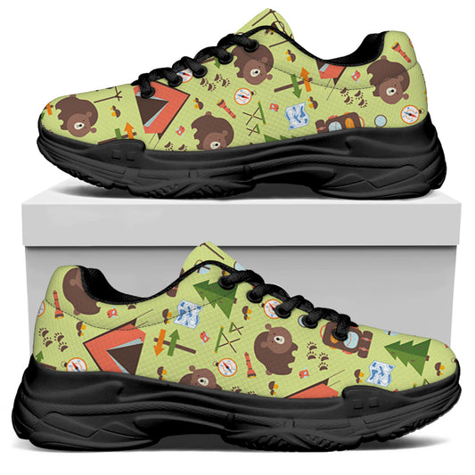 Cute Camping Pattern Print Black Chunky Shoes