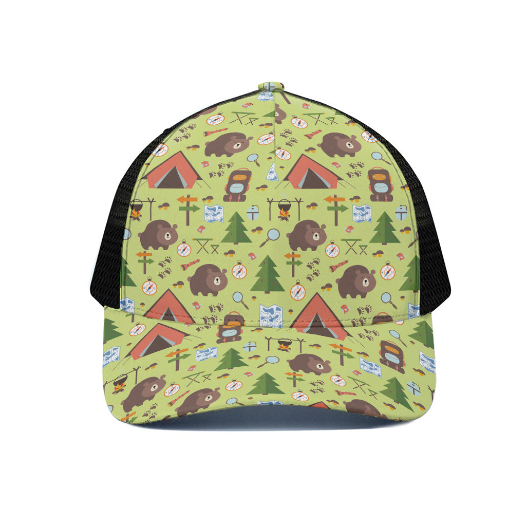 Cute Camping Pattern Print Black Mesh Trucker Cap