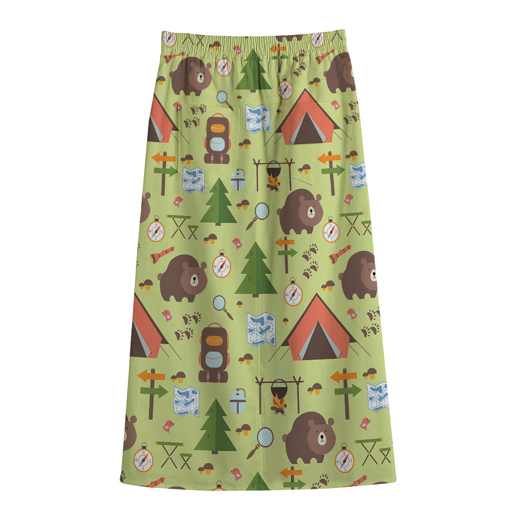 Cute Camping Pattern Print Cotton Front Slit Maxi Skirt