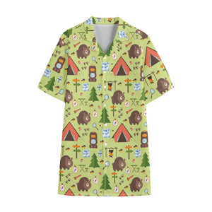 Cute Camping Pattern Print Cotton Hawaiian Shirt