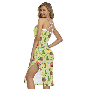 Cute Camping Pattern Print Cross Back Cami Dress