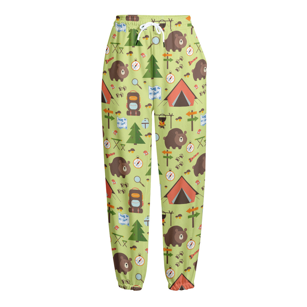 Cute Camping Pattern Print Fleece Lined Knit Pants