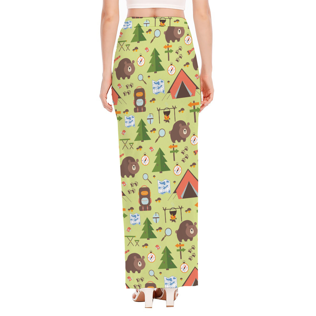 Cute Camping Pattern Print High Slit Maxi Skirt