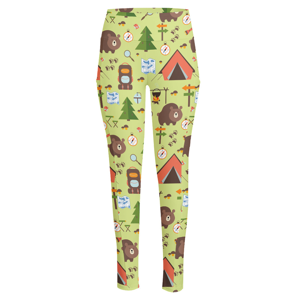 Cute Camping Pattern Print High-Waisted Pocket Leggings