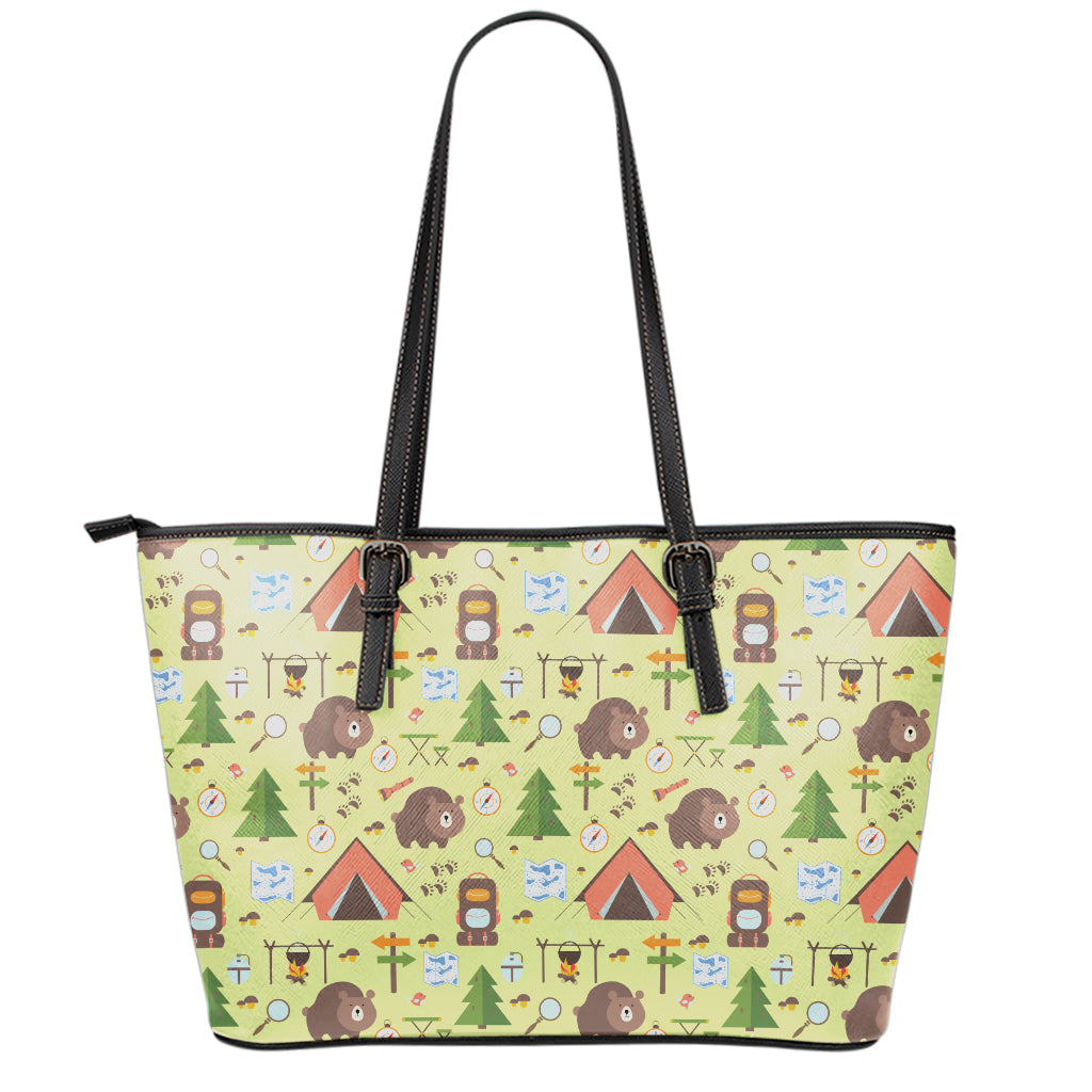 Cute Camping Pattern Print Leather Tote Bag