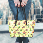 Cute Camping Pattern Print Leather Tote Bag