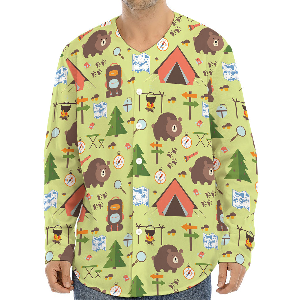 Cute Camping Pattern Print Long Sleeve Baseball Jersey