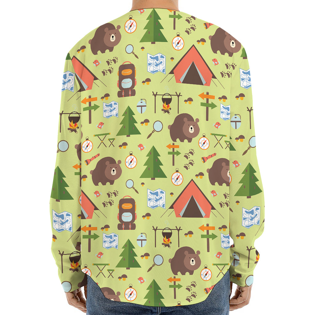 Cute Camping Pattern Print Long Sleeve Baseball Jersey