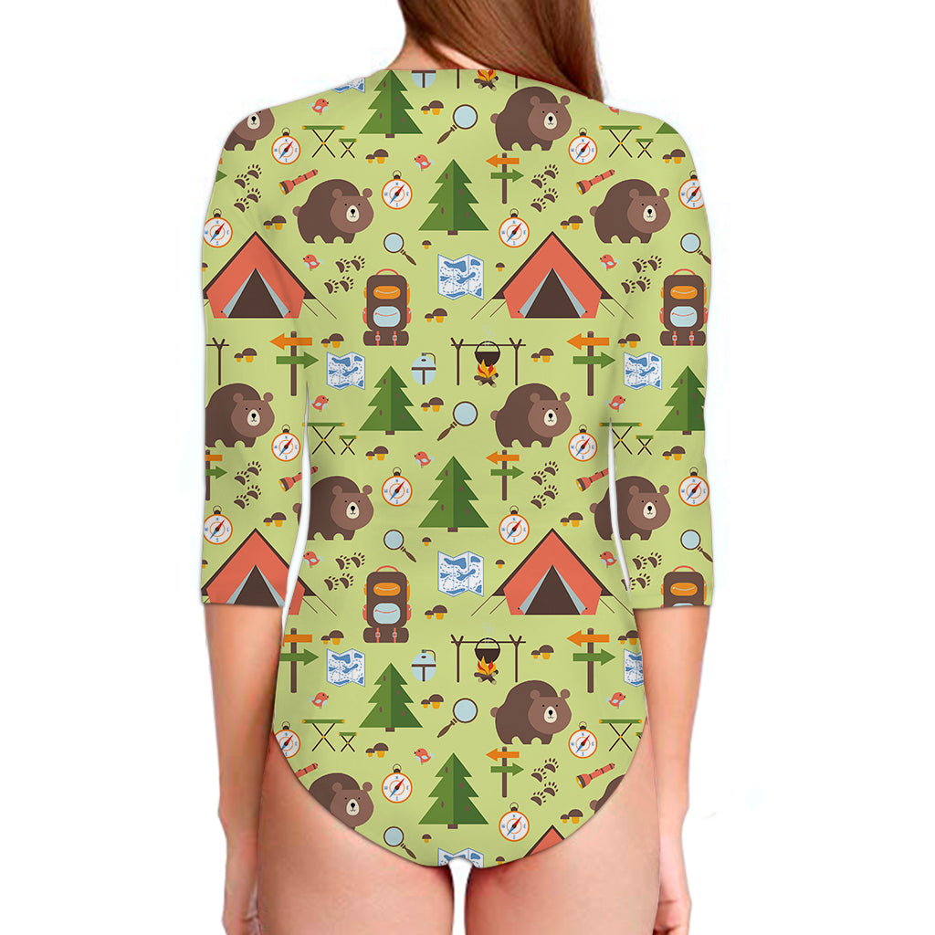 Cute Camping Pattern Print Long Sleeve Swimsuit