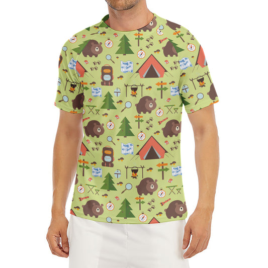 Cute Camping Pattern Print Men's Short Sleeve Rash Guard