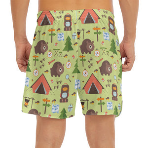 Cute Camping Pattern Print Men's Split Running Shorts