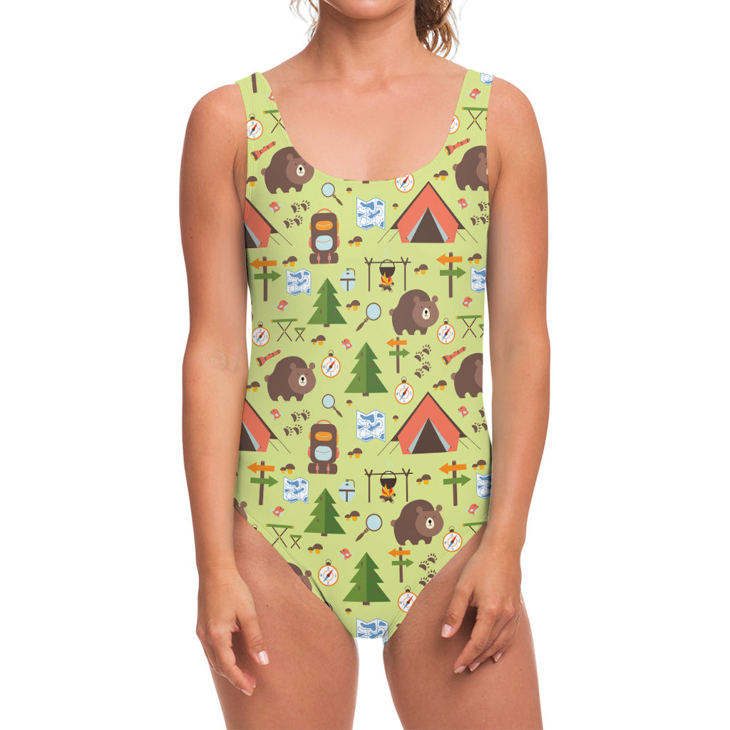 Cute Camping Pattern Print One Piece Swimsuit