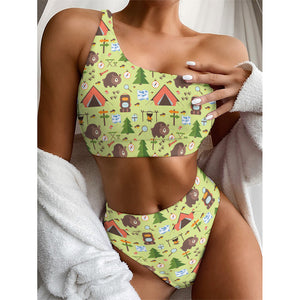 Cute Camping Pattern Print One Shoulder Bikini Top