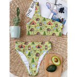 Cute Camping Pattern Print One Shoulder Bikini Top