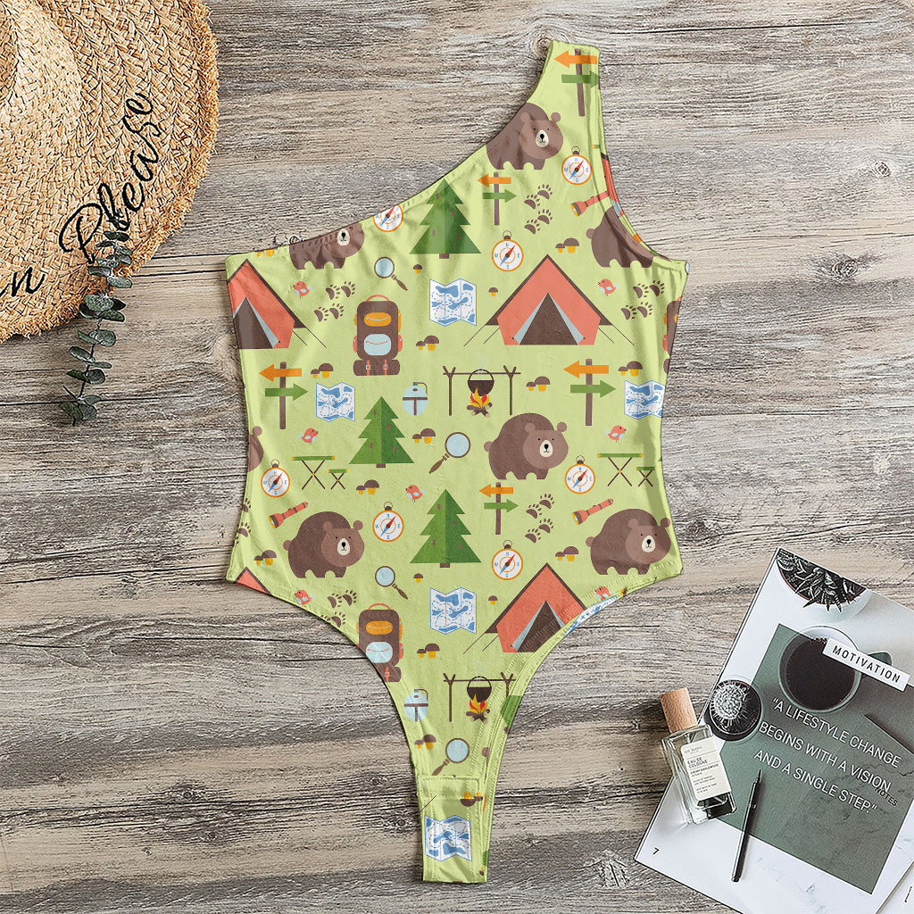 Cute Camping Pattern Print One Shoulder Bodysuit