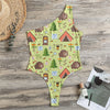 Cute Camping Pattern Print One Shoulder Bodysuit