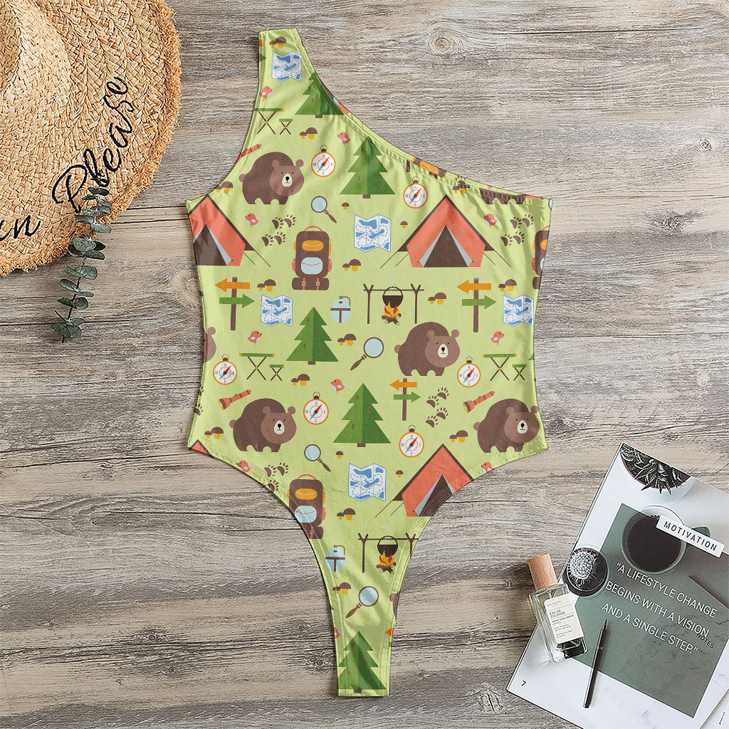 Cute Camping Pattern Print One Shoulder Bodysuit