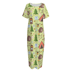 Cute Camping Pattern Print Short Sleeve Long Nightdress