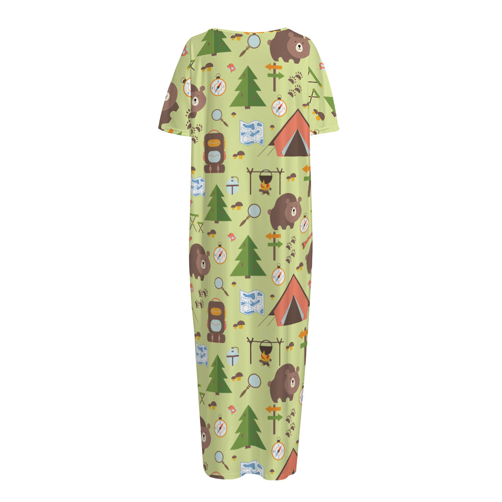 Cute Camping Pattern Print Short Sleeve Long Nightdress