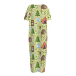 Cute Camping Pattern Print Short Sleeve Long Nightdress