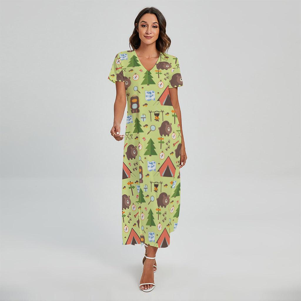 Cute Camping Pattern Print Short Sleeve Maxi Dress