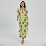 Cute Camping Pattern Print Short Sleeve Maxi Dress