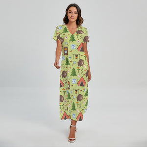 Cute Camping Pattern Print Short Sleeve Maxi Dress