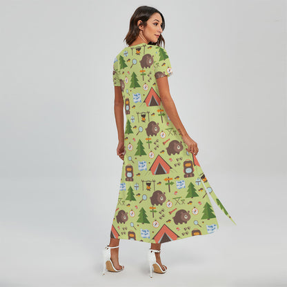 Cute Camping Pattern Print Short Sleeve Maxi Dress