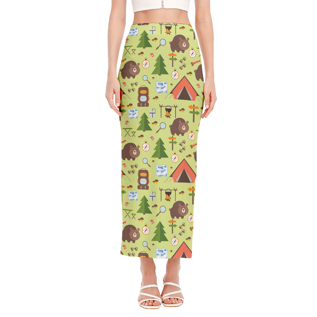 Cute Camping Pattern Print Side Slit Maxi Skirt