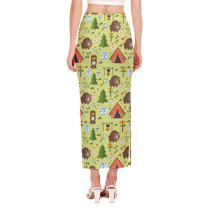 Cute Camping Pattern Print Side Slit Maxi Skirt