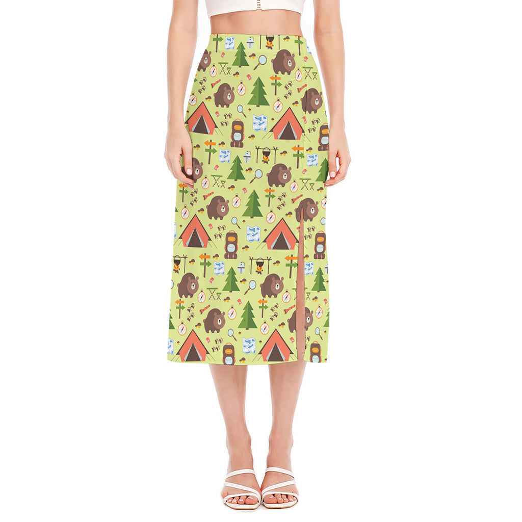 Cute Camping Pattern Print Side Slit Midi Skirt