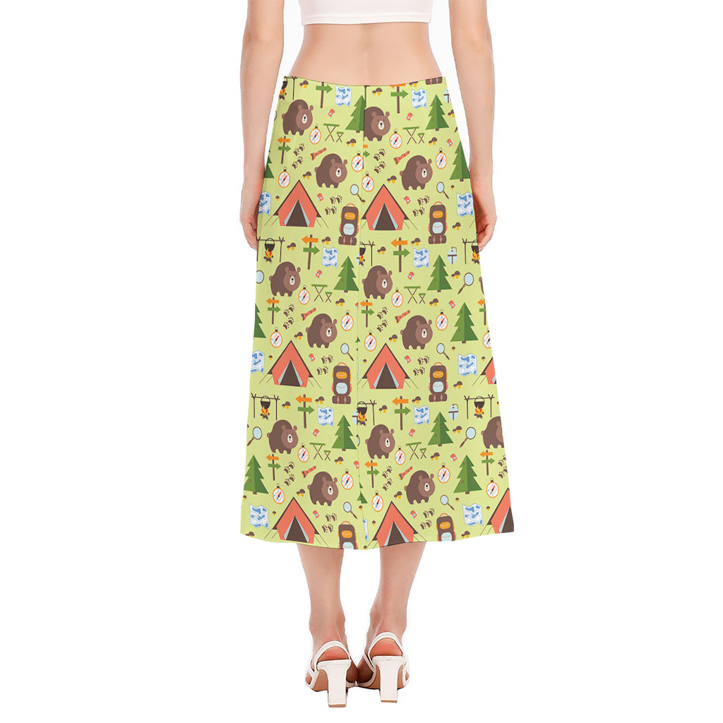 Cute Camping Pattern Print Side Slit Midi Skirt