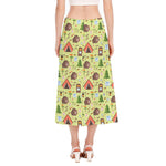 Cute Camping Pattern Print Side Slit Midi Skirt