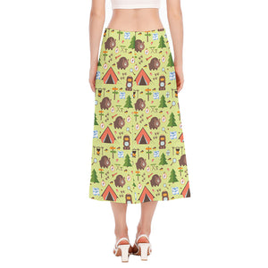 Cute Camping Pattern Print Side Slit Midi Skirt