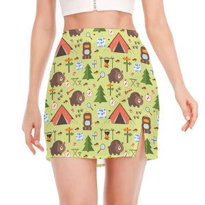 Cute Camping Pattern Print Side Slit Mini Skirt