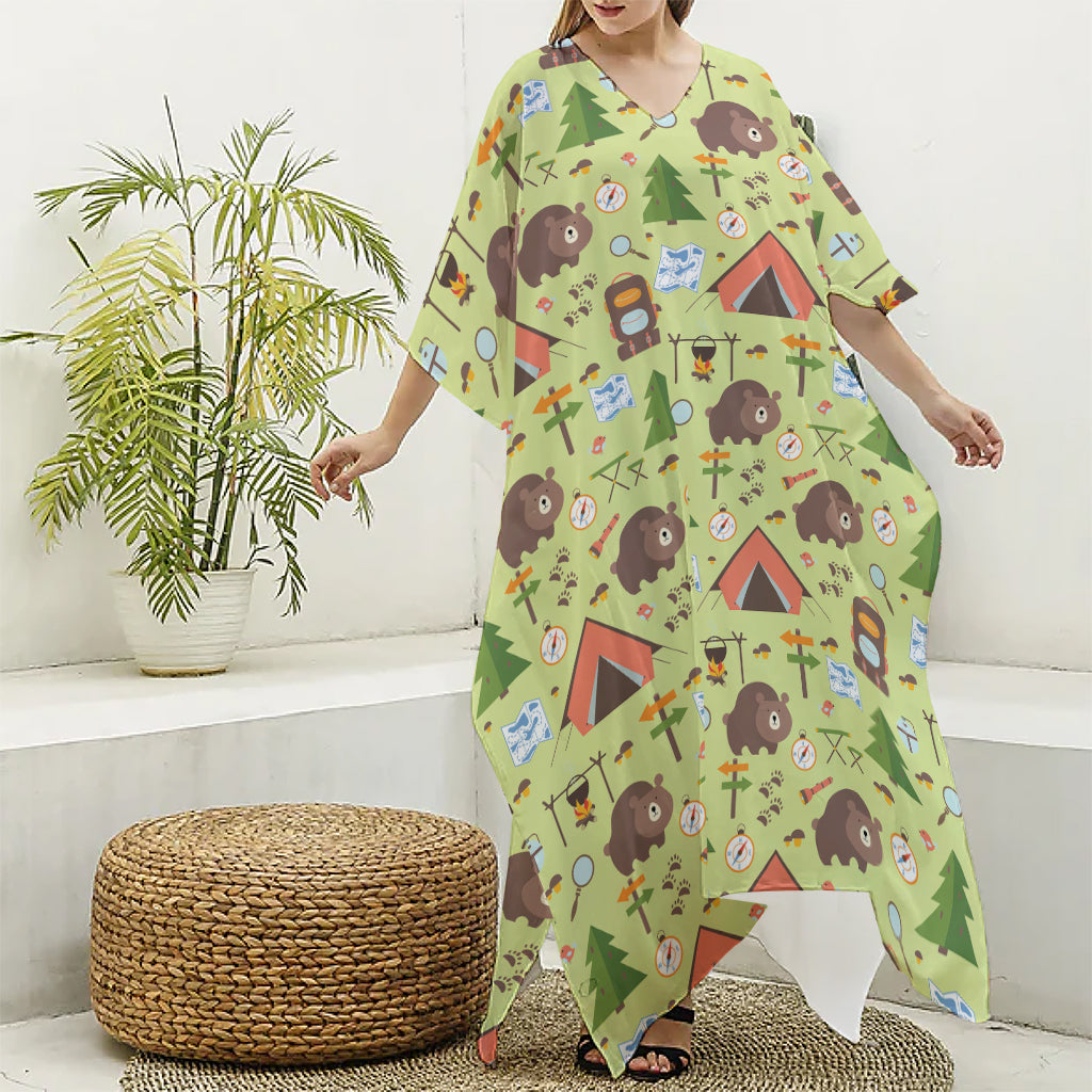 Cute Camping Pattern Print Silk V-Neck Kaftan Dress