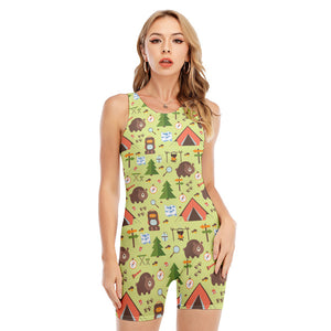 Cute Camping Pattern Print Sleeveless One Piece Swimsuit