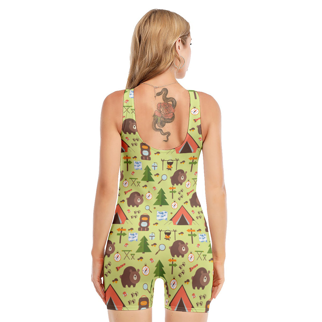 Cute Camping Pattern Print Sleeveless One Piece Swimsuit