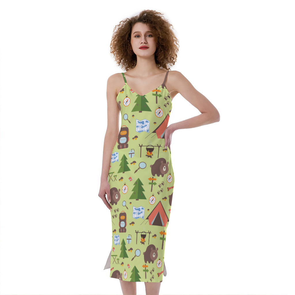 Cute Camping Pattern Print Slim Fit Midi Cami Dress