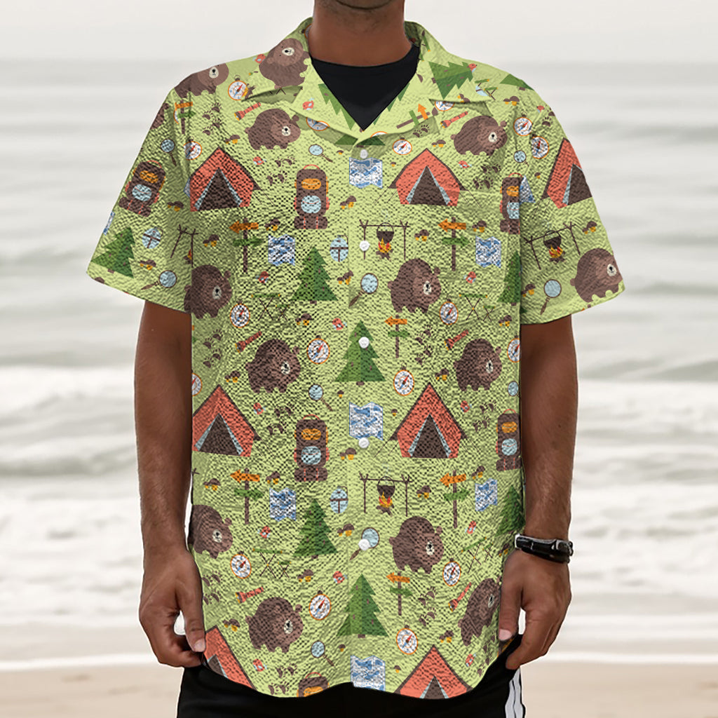 Cute Camping Pattern Print Textured Short Sleeve Shirt