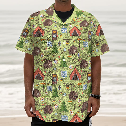 Cute Camping Pattern Print Textured Short Sleeve Shirt