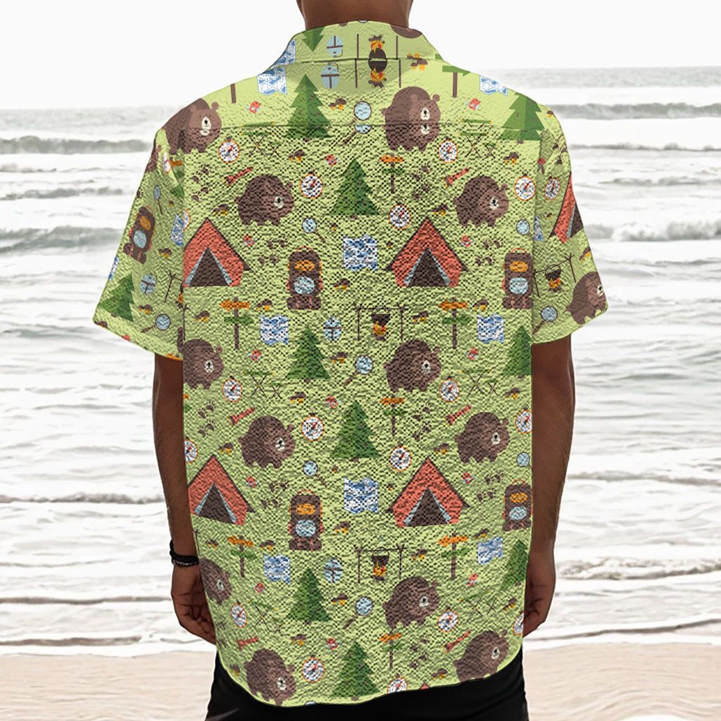Cute Camping Pattern Print Textured Short Sleeve Shirt