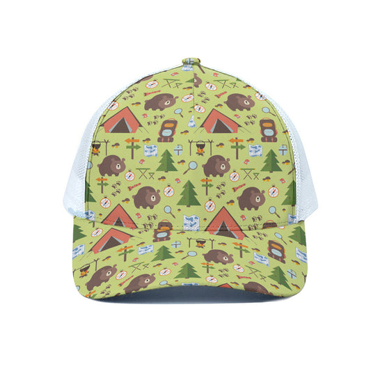 Cute Camping Pattern Print White Mesh Trucker Cap