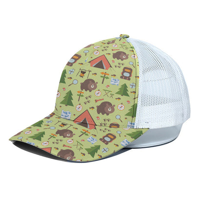 Cute Camping Pattern Print White Mesh Trucker Cap
