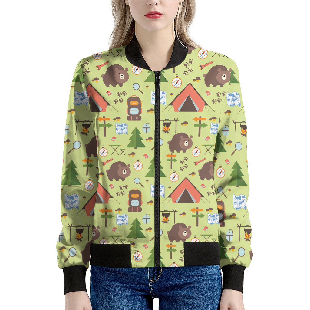 Cute Camping Pattern Print Women's Bomber Jacket