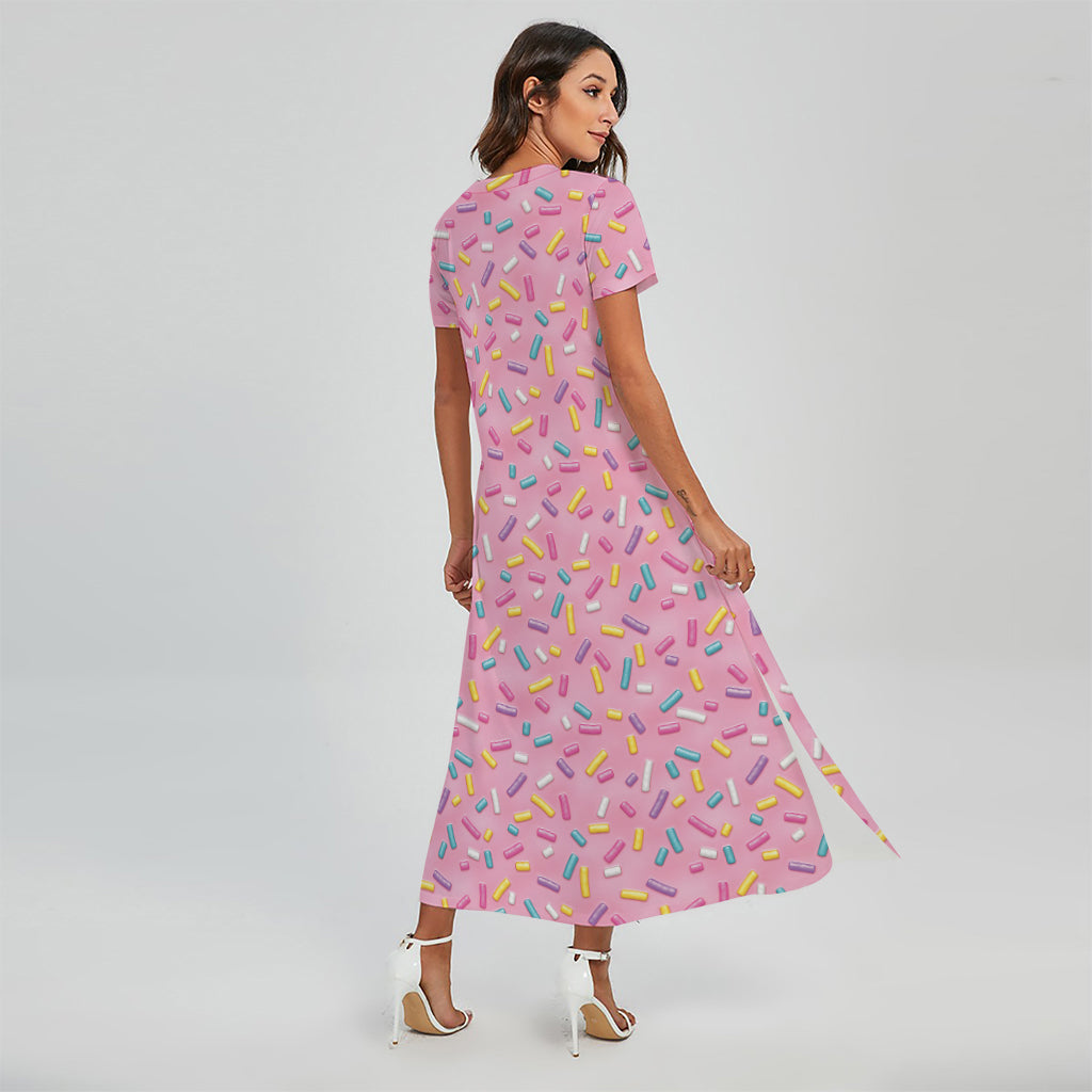 Cute Candy Pattern Print Short Sleeve Maxi Dress