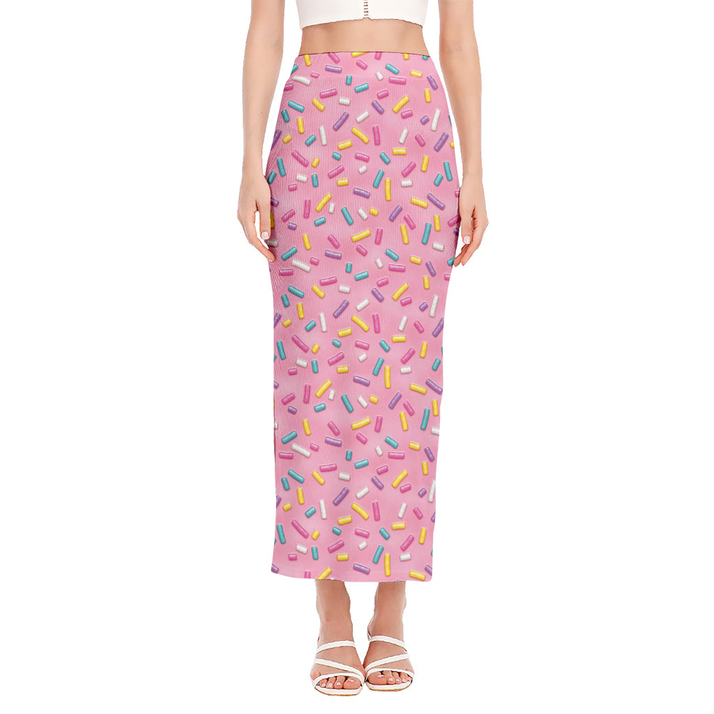 Cute Candy Pattern Print Side Slit Maxi Skirt