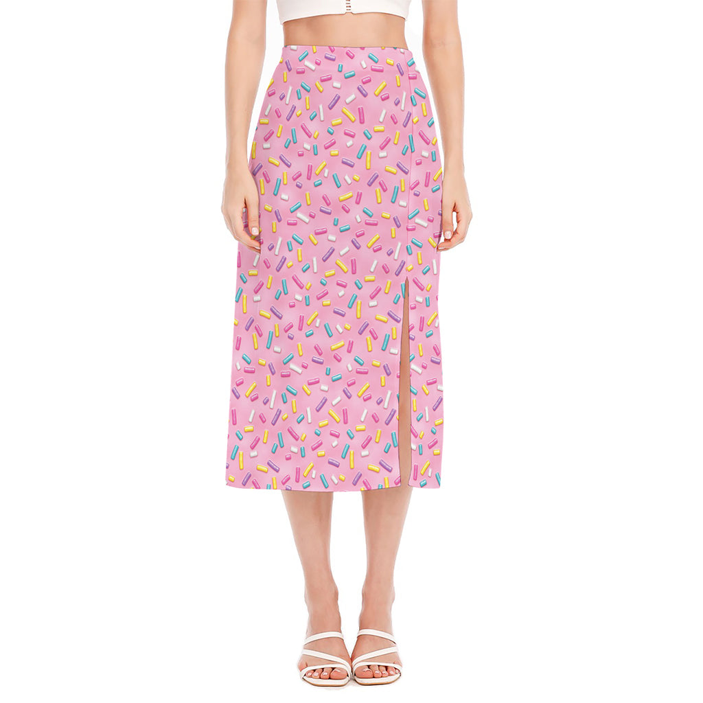 Cute Candy Pattern Print Side Slit Midi Skirt